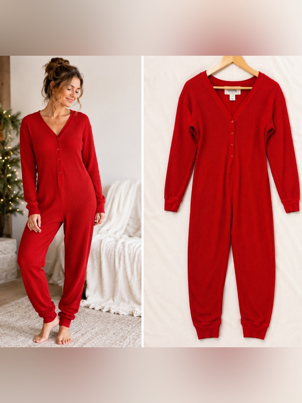 Vintage Victoria’s Secret Country Red Thermal Union Suit Pajamas M Waffle Knit